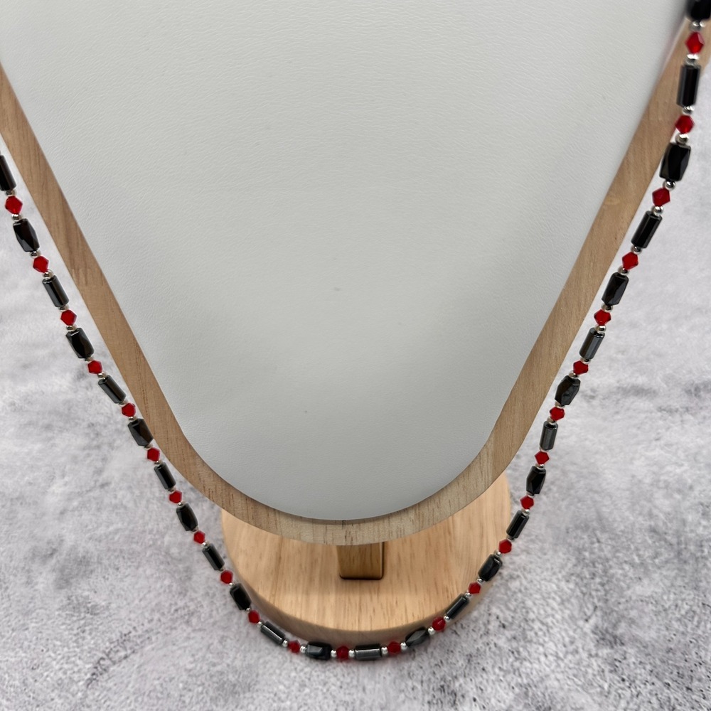 Metallic Black Red Beaded Necklace Silver Tone Gothic Y2K Statement Jewelry